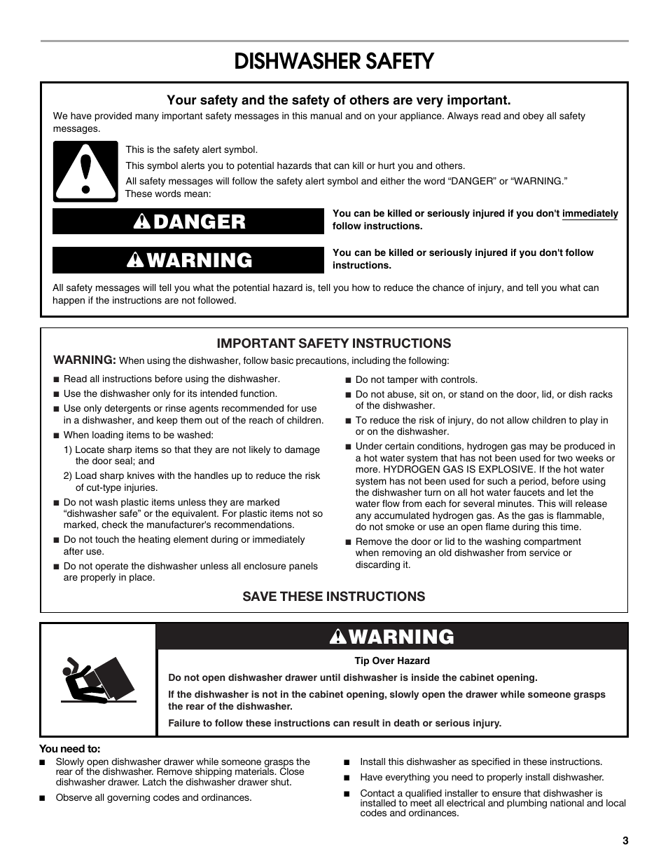 Dishwasher safety, Danger warning, Warning | Important safety instructions, Save these instructions | Jenn-Air W10300219A User Manual | Page 3 / 52