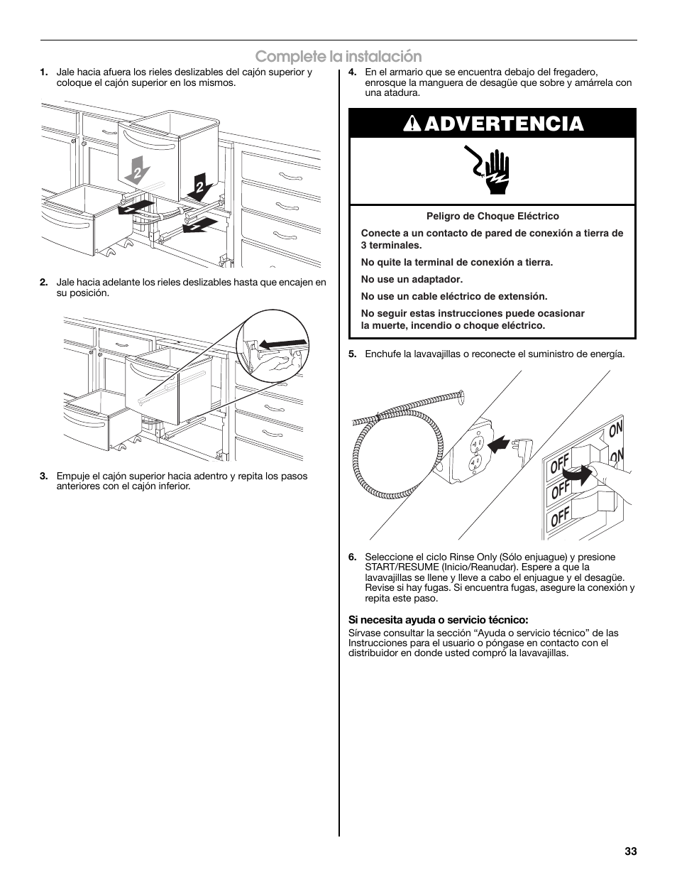 Advertencia, On off on off off, Complete la instalación | Jenn-Air W10300219A User Manual | Page 33 / 52