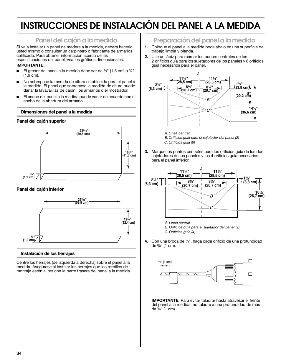 Instrucciones de instalación del panel a la medida, Panel del cajón a la medida, Preparación del panel a la medida | Jenn-Air W10300219A User Manual | Page 34 / 52