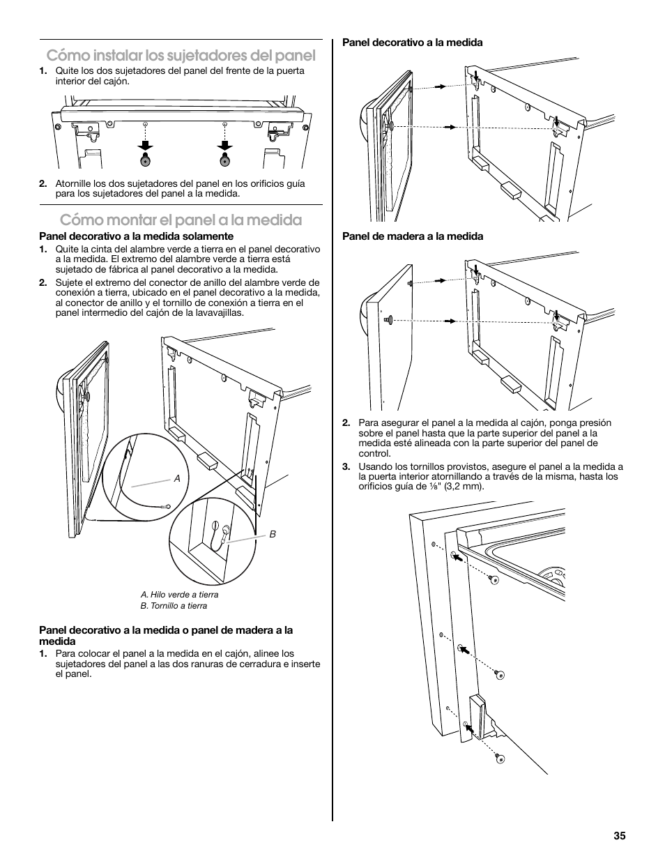 Cómo instalar los sujetadores del panel, Cómo montar el panel a la medida | Jenn-Air W10300219A User Manual | Page 35 / 52