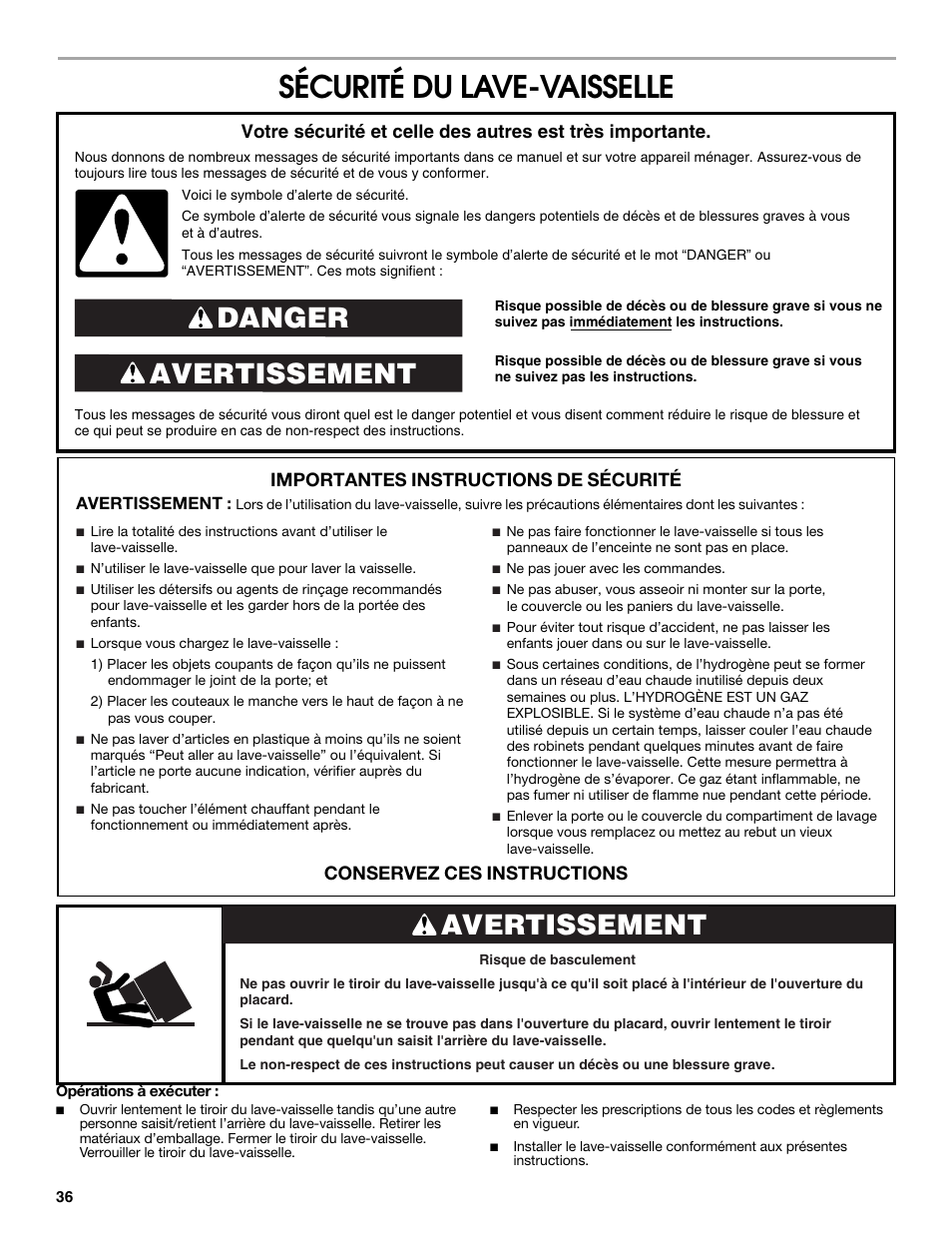 Sécurité du lave-vaisselle, Avertissement danger, Avertissement | Importantes instructions de sécurité, Conservez ces instructions | Jenn-Air W10300219A User Manual | Page 36 / 52