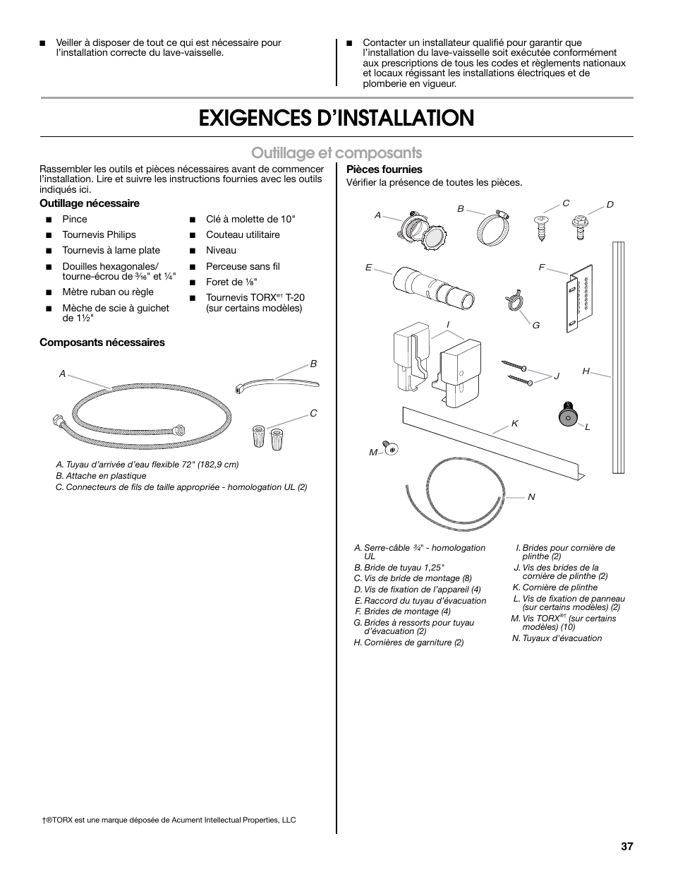 Exigences d’installation, Outillage et composants | Jenn-Air W10300219A User Manual | Page 37 / 52