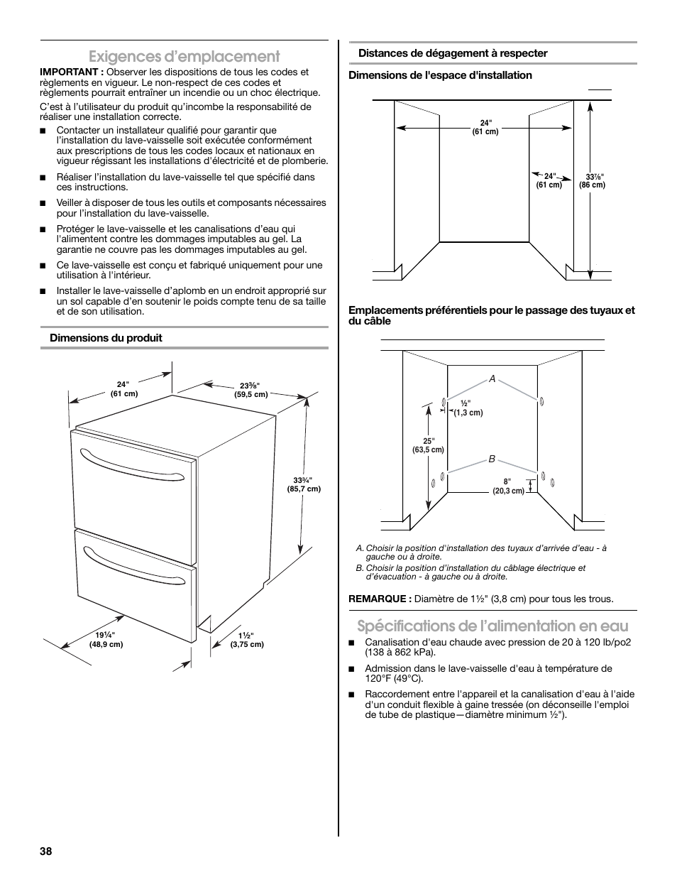 Exigences d’emplacement, Spécifications de l’alimentation en eau | Jenn-Air W10300219A User Manual | Page 38 / 52