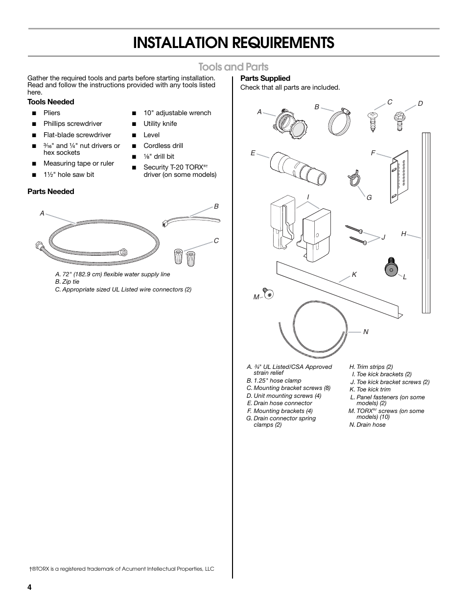 Installation requirements, Tools and parts | Jenn-Air W10300219A User Manual | Page 4 / 52