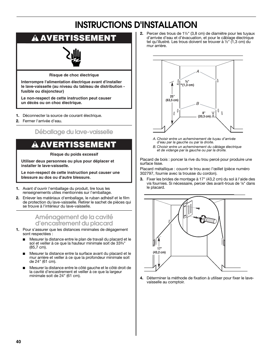 Instructions d'installation, Avertissement, Déballage du lave-vaisselle | Aménagement de la cavité d’encastrement du placard | Jenn-Air W10300219A User Manual | Page 40 / 52