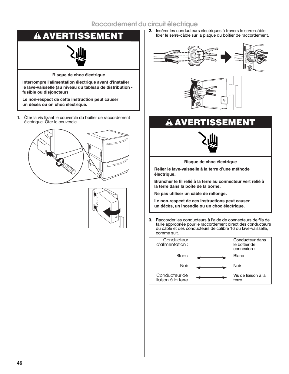 Avertissement, Raccordement du circuit électrique | Jenn-Air W10300219A User Manual | Page 46 / 52