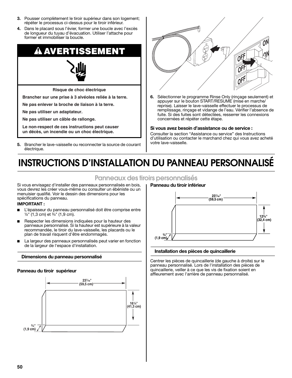 Avertissement, On off on off off, Panneaux des tiroirs personnalisés | Jenn-Air W10300219A User Manual | Page 50 / 52