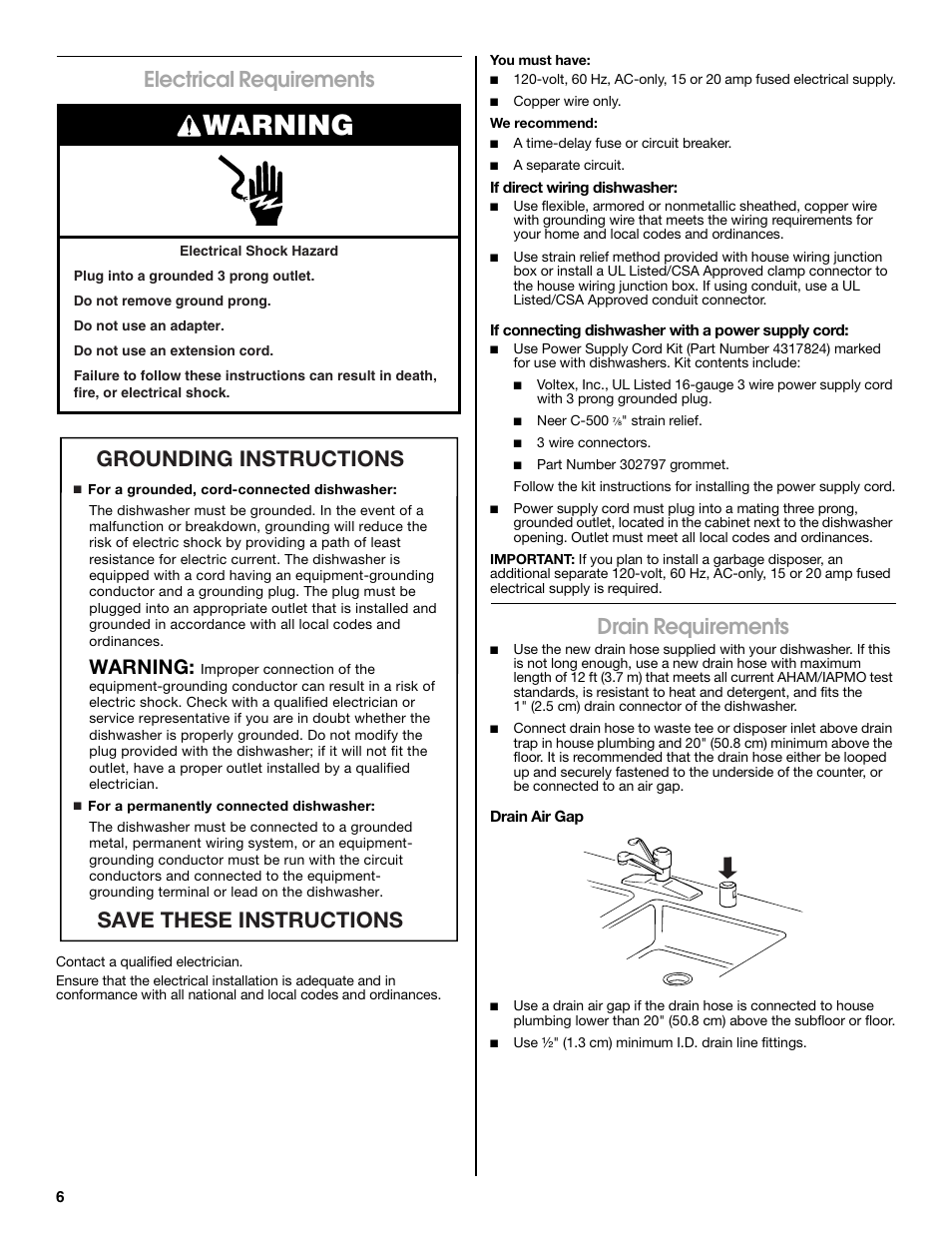 Warning, Electrical requirements, Drain requirements | Grounding instructions save these instructions | Jenn-Air W10300219A User Manual | Page 6 / 52