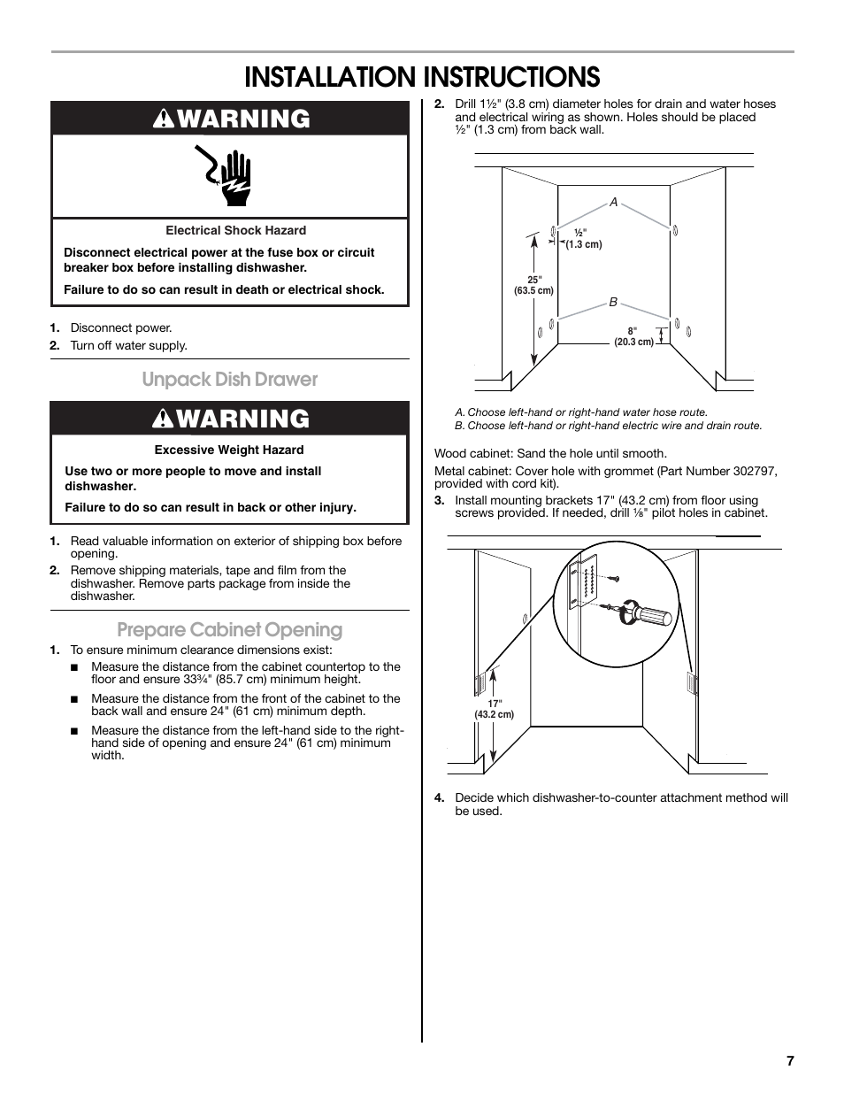 Installation instructions, Warning, Unpack dish drawer | Prepare cabinet opening | Jenn-Air W10300219A User Manual | Page 7 / 52