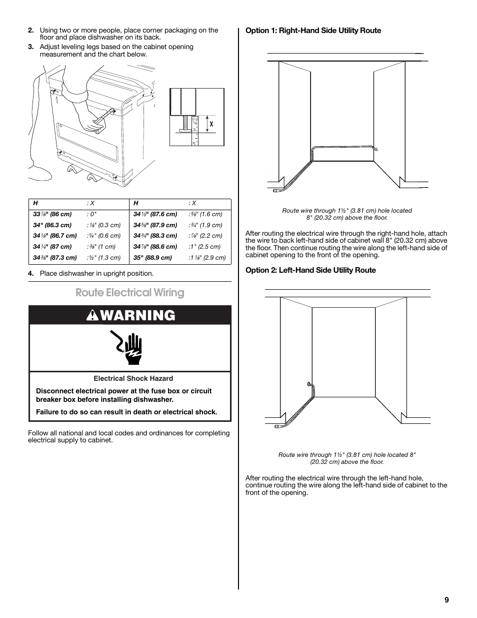 Warning, Route electrical wiring | Jenn-Air W10300219A User Manual | Page 9 / 52