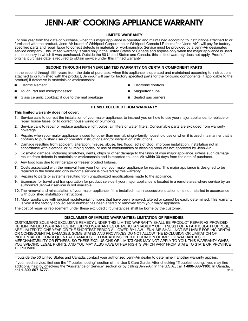 Jenn-air, Cooking appliance warranty | Jenn-Air PRO-STYLE 8111P535-60 User Manual | Page 12 / 36