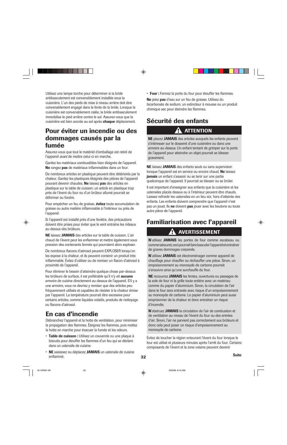 En cas d’incendie, Familiarisation avec l’appareil, Sécurité des enfants | Jenn-Air 8113P714-60 User Manual | Page 33 / 92