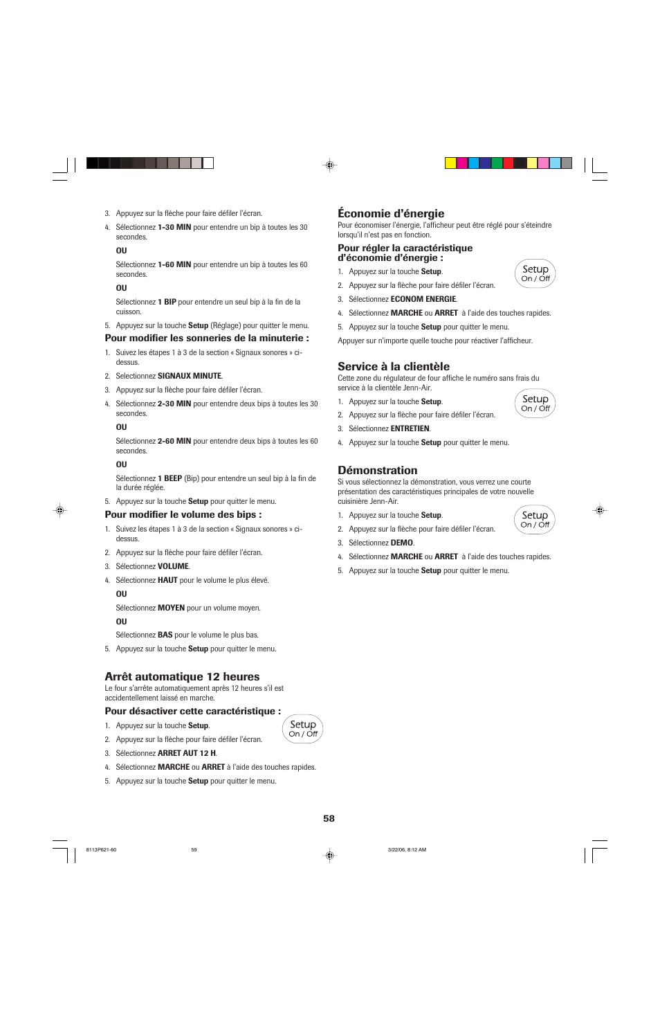 Économie d’énergie, Service à la clientèle, Démonstration | Arrêt automatique 12 heures | Jenn-Air 8113P714-60 User Manual | Page 59 / 92