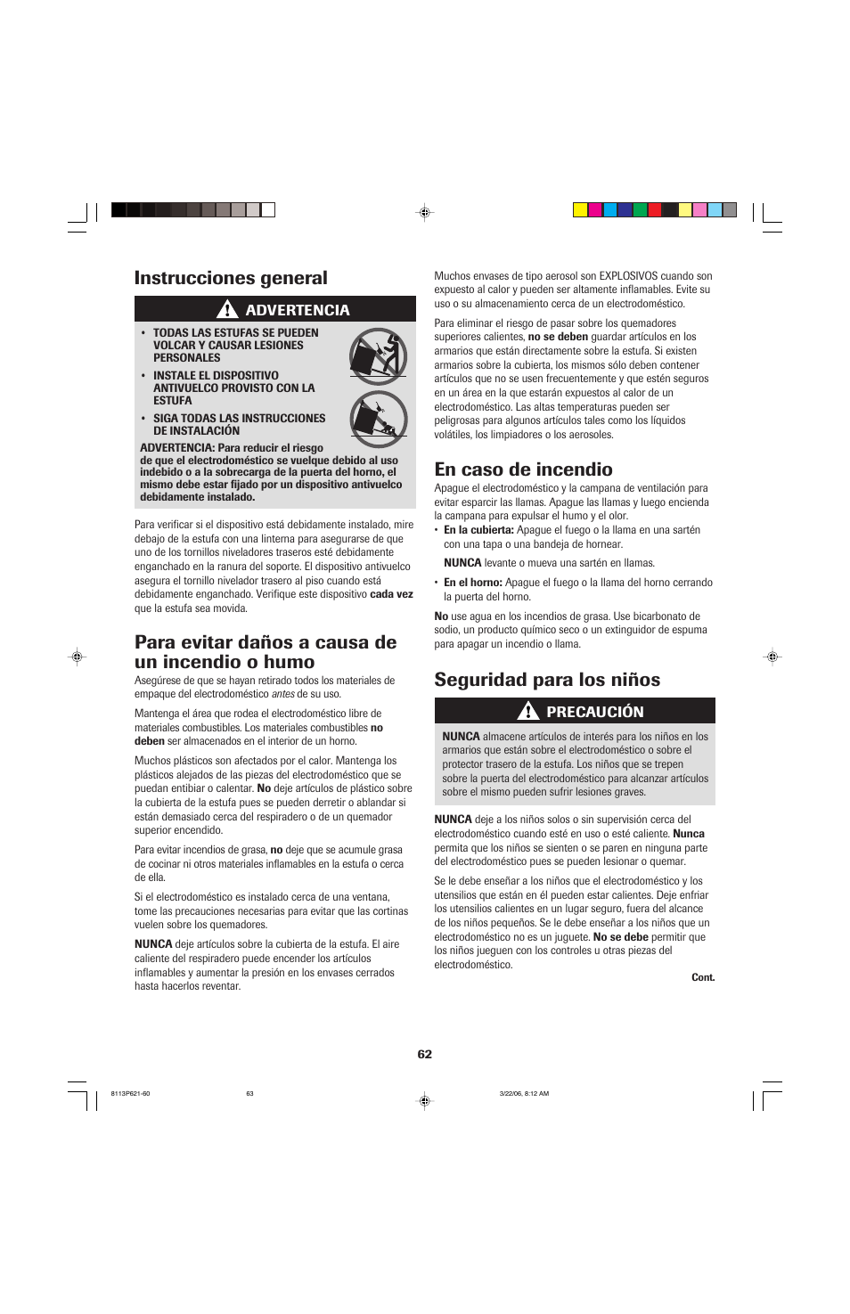 En caso de incendio, Seguridad para los niños, Para evitar daños a causa de un incendio o humo | Instrucciones general | Jenn-Air 8113P714-60 User Manual | Page 63 / 92