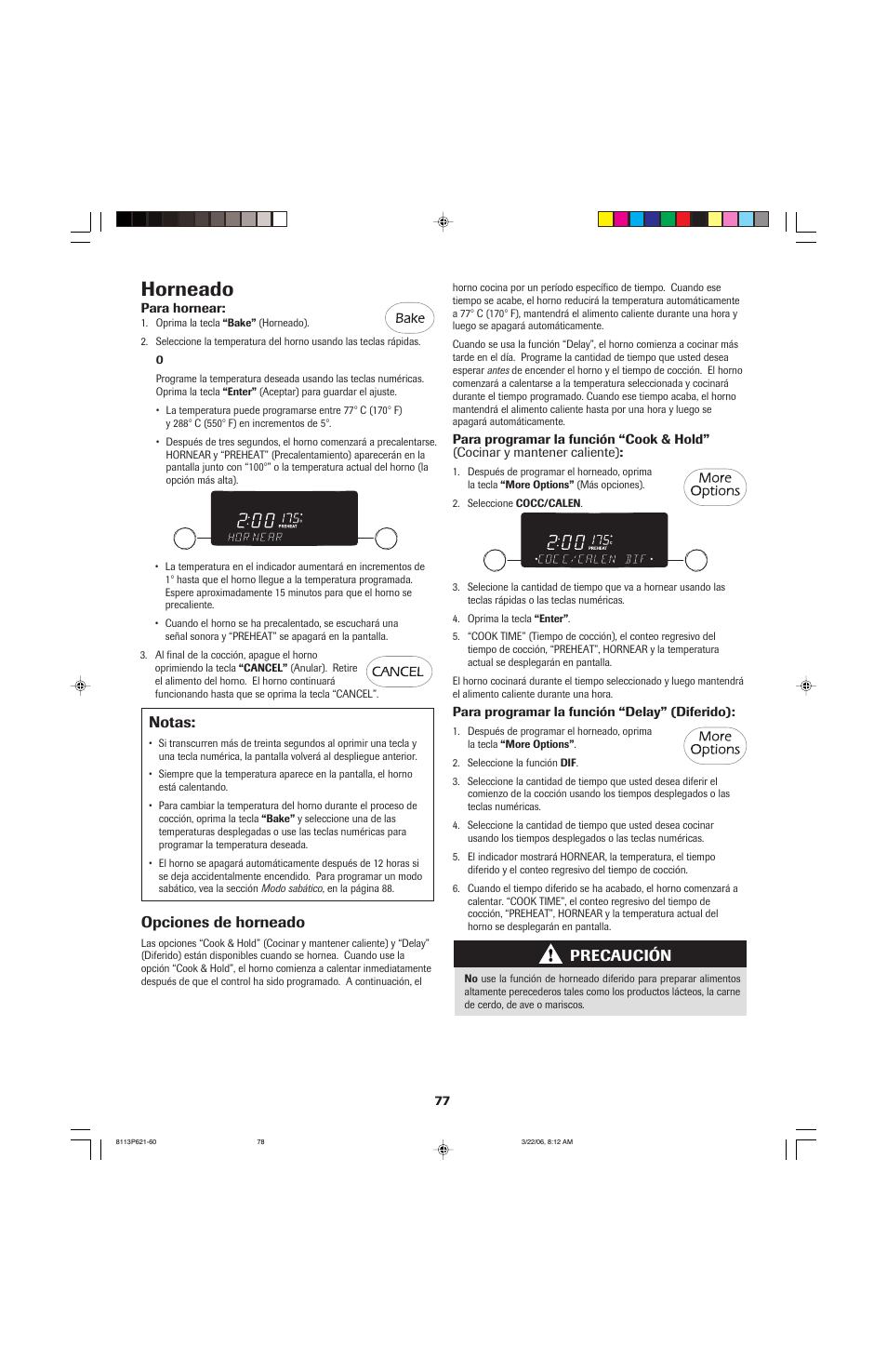 Horneado, Notas, Precaución | Opciones de horneado | Jenn-Air 8113P714-60 User Manual | Page 78 / 92