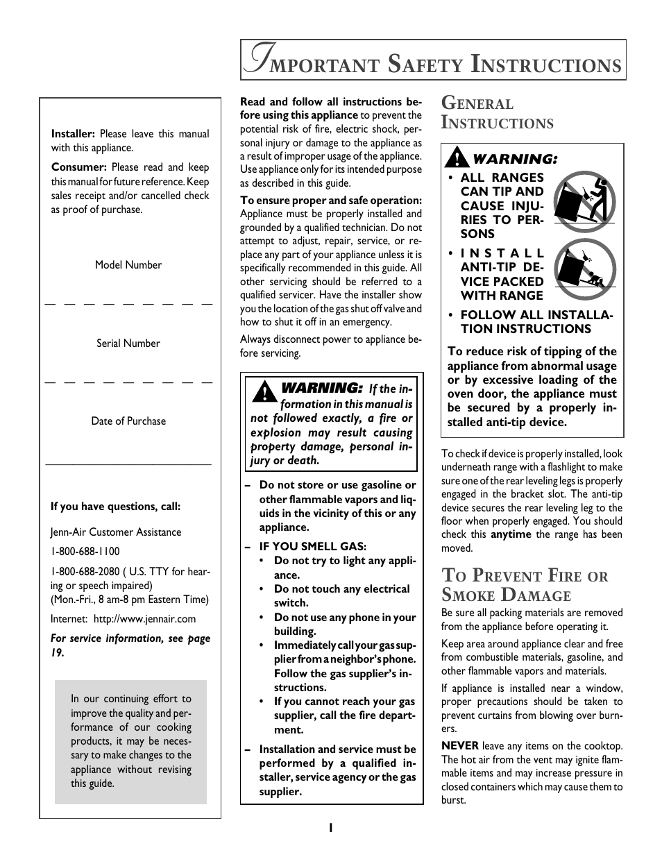 Mportant, Afety, Nstructions | Jenn-Air DUAL-FUEL SLIDE-IN RANGE User Manual | Page 2 / 64
