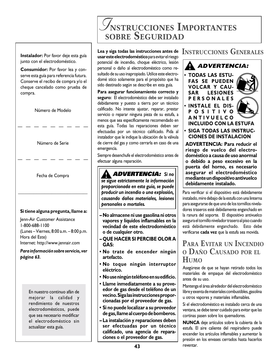 Nstrucciones, Mportantes, Sobre | Eguridad | Jenn-Air DUAL-FUEL SLIDE-IN RANGE User Manual | Page 44 / 64