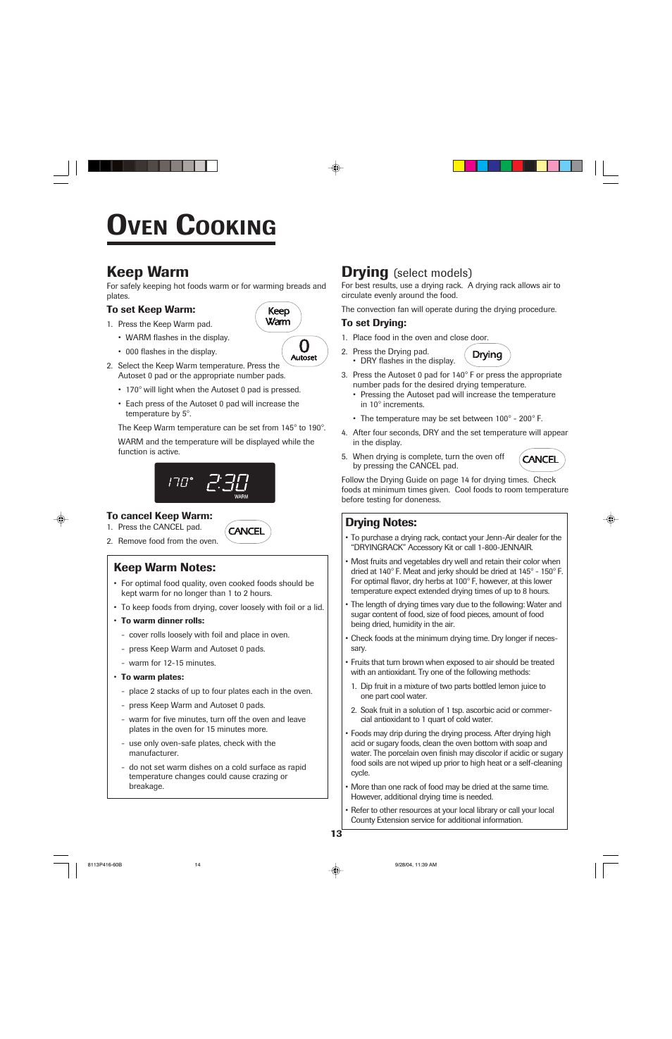 Ooking, Drying, Keep warm | Jenn-Air 800 User Manual | Page 14 / 92