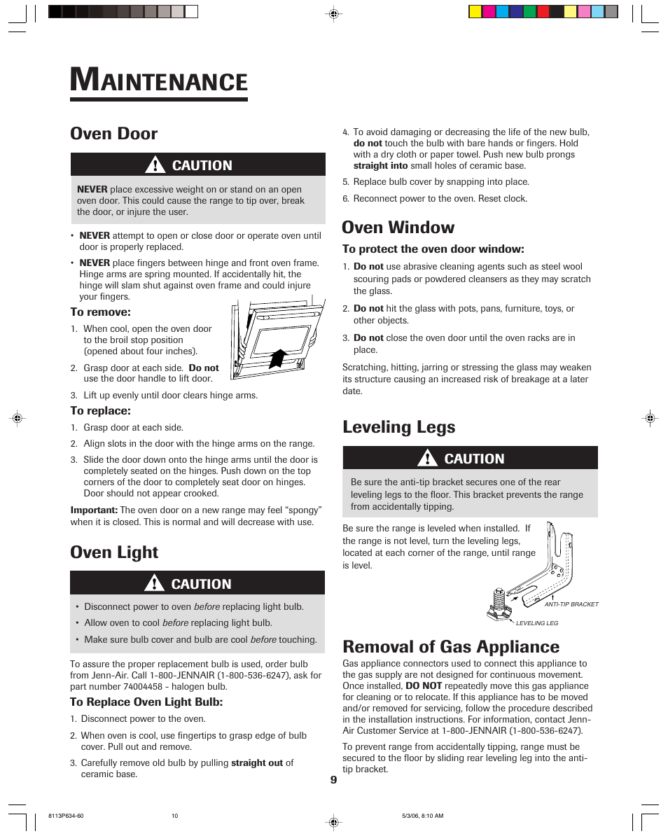 Aintenance, Oven door, Leveling legs | Oven light, Oven window, Removal of gas appliance, Caution | Jenn-Air PRO-STYLE 8113P754-60 User Manual | Page 10 / 108