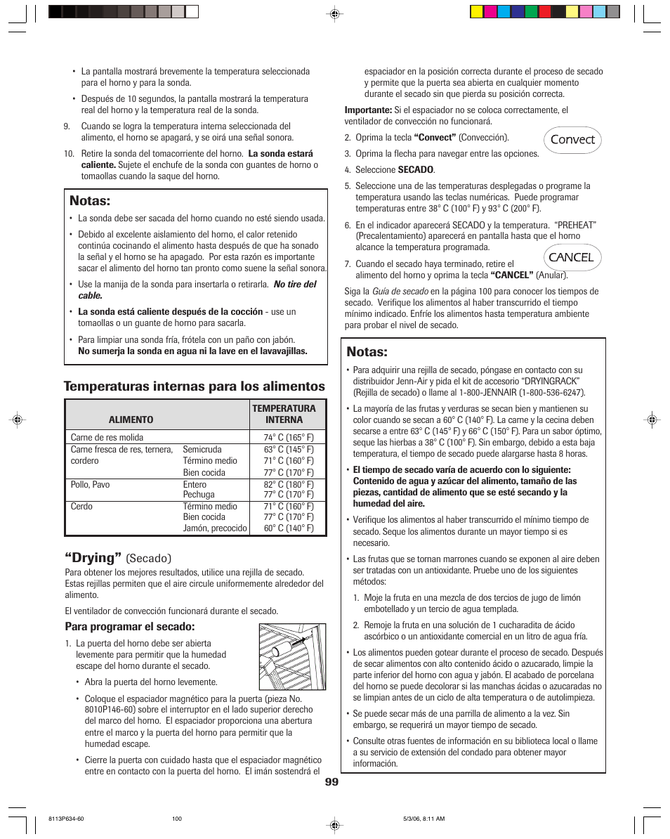 Notas, Temperaturas internas para los alimentos, Drying | Jenn-Air PRO-STYLE 8113P754-60 User Manual | Page 100 / 108