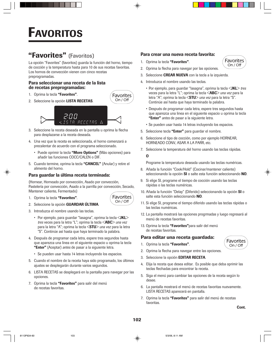 Avoritos, Favorites, Favoritos) | Jenn-Air PRO-STYLE 8113P754-60 User Manual | Page 103 / 108