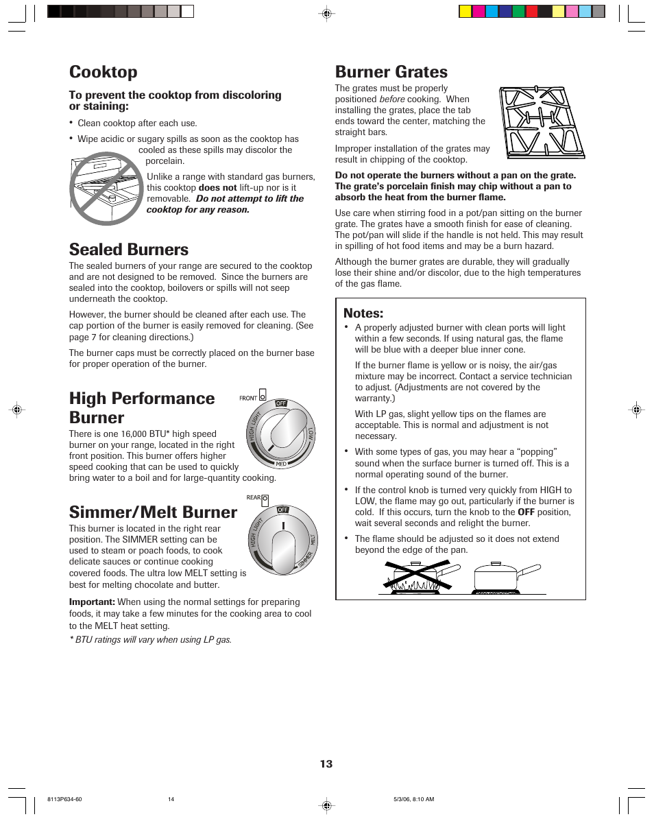Cooktop, Burner grates, Sealed burners | High performance burner, Simmer/melt burner | Jenn-Air PRO-STYLE 8113P754-60 User Manual | Page 14 / 108