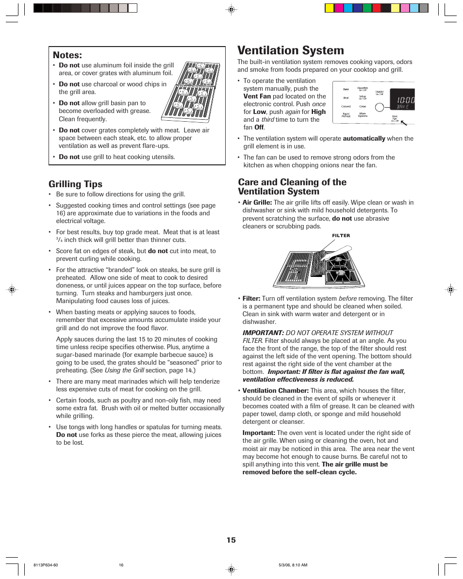 Ventilation system, Grilling tips, Care and cleaning of the ventilation system | Jenn-Air PRO-STYLE 8113P754-60 User Manual | Page 16 / 108