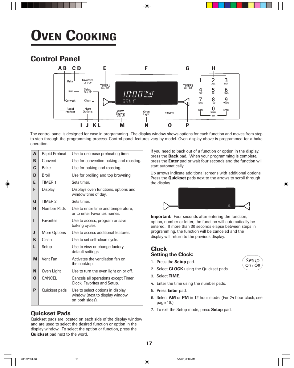 Ooking, Control panel, Quickset pads | Clock | Jenn-Air PRO-STYLE 8113P754-60 User Manual | Page 18 / 108