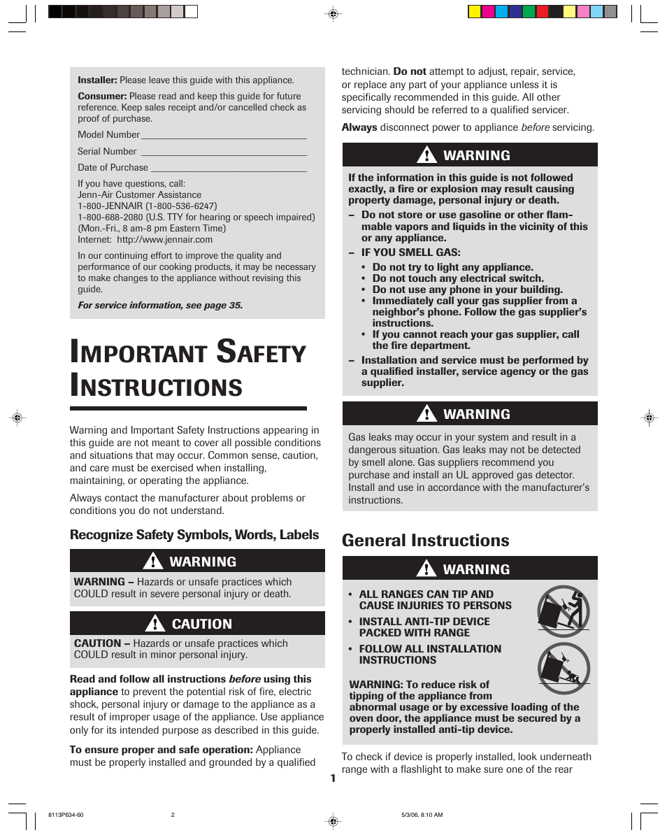 Mportant, Afety, Nstructions | General instructions | Jenn-Air PRO-STYLE 8113P754-60 User Manual | Page 2 / 108