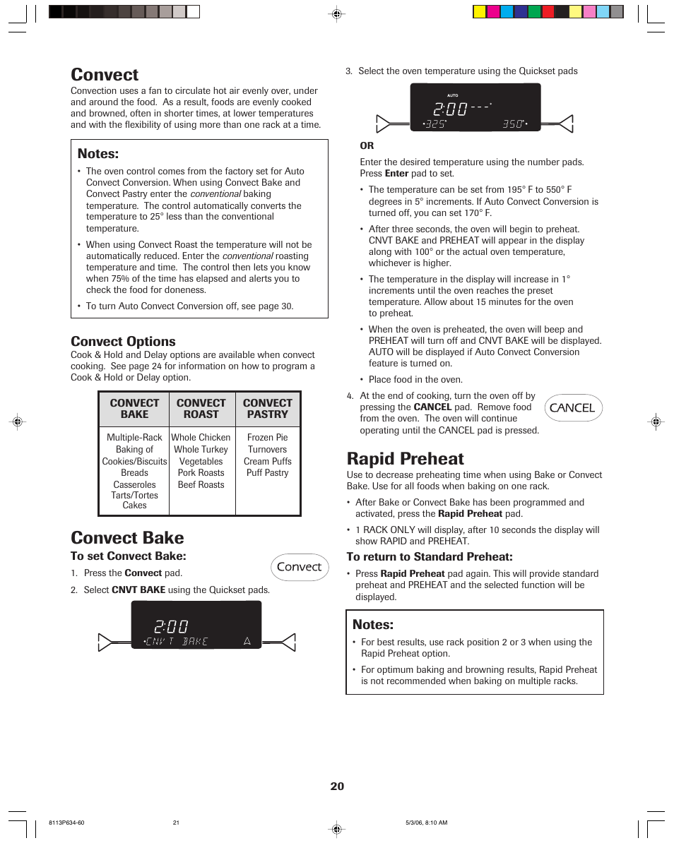 Convect bake, Convect, Rapid preheat | Convect options | Jenn-Air PRO-STYLE 8113P754-60 User Manual | Page 21 / 108