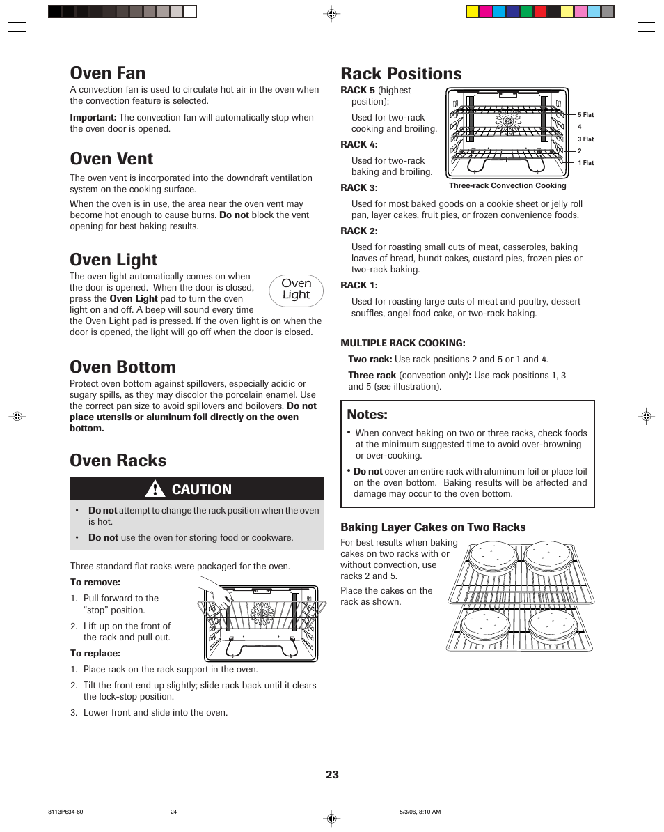 Oven racks, Oven light, Oven bottom | Oven fan, Oven vent, Rack positions, Caution | Jenn-Air PRO-STYLE 8113P754-60 User Manual | Page 24 / 108
