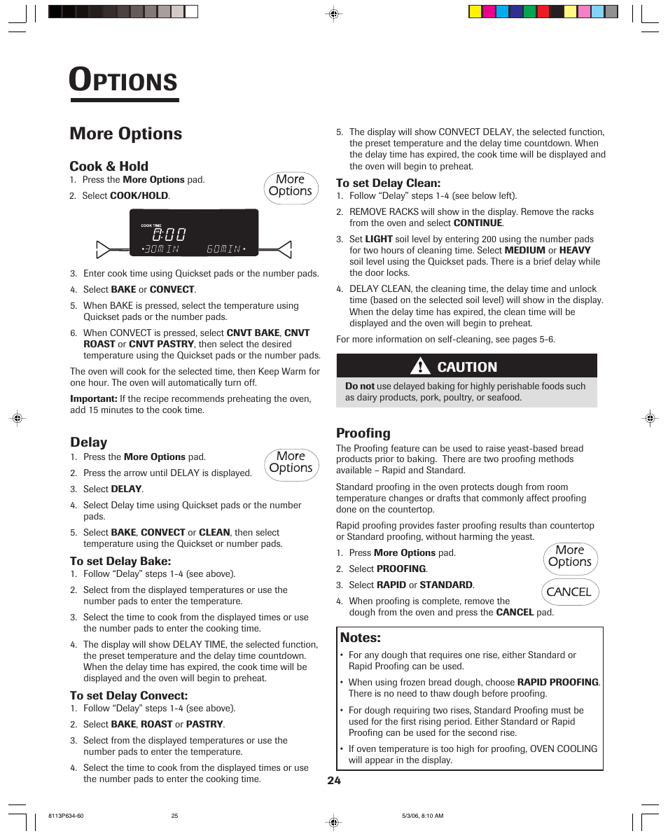 Ptions, More options, Cook & hold | Delay, Proofing, Caution | Jenn-Air PRO-STYLE 8113P754-60 User Manual | Page 25 / 108
