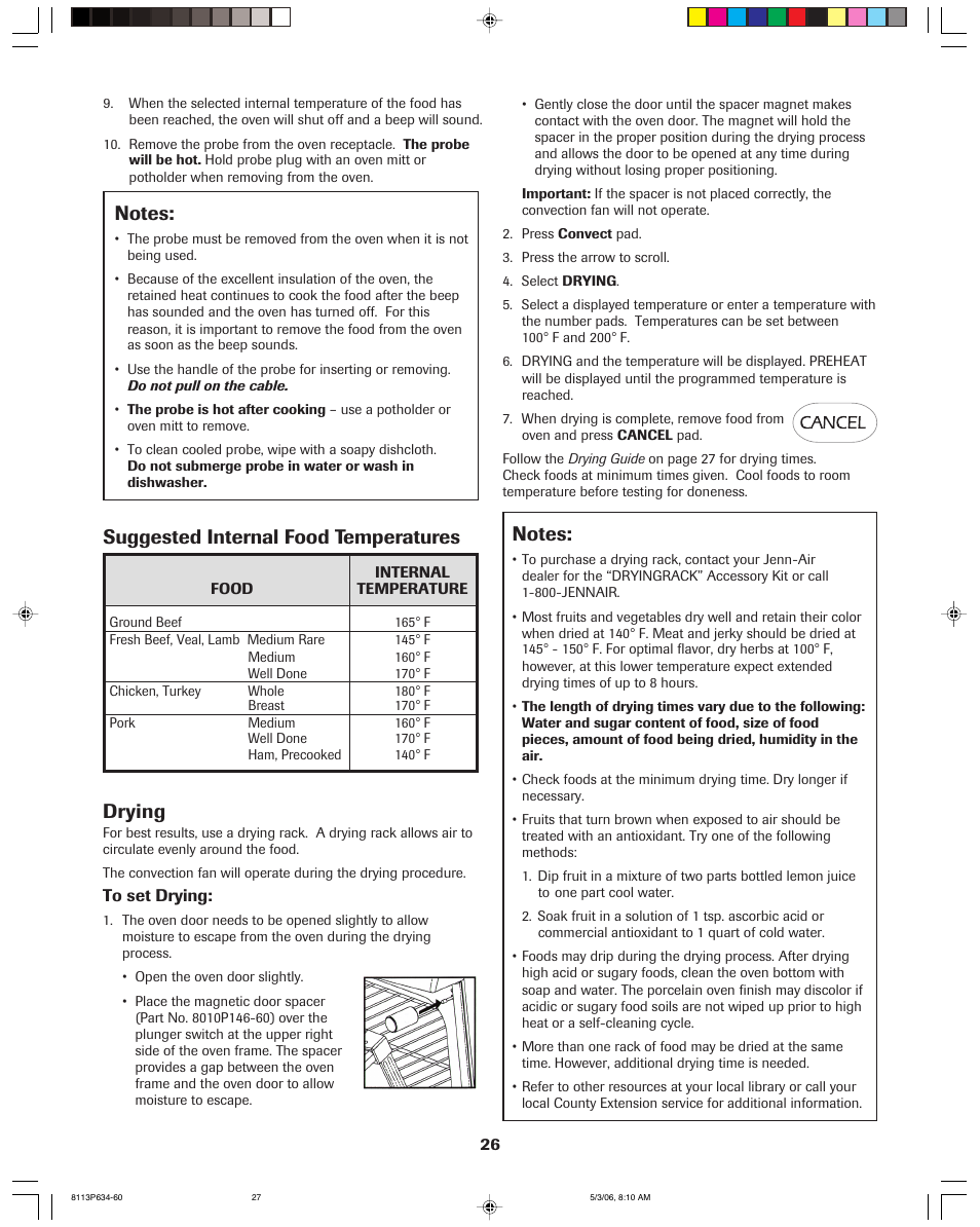 Drying, Suggested internal food temperatures | Jenn-Air PRO-STYLE 8113P754-60 User Manual | Page 27 / 108