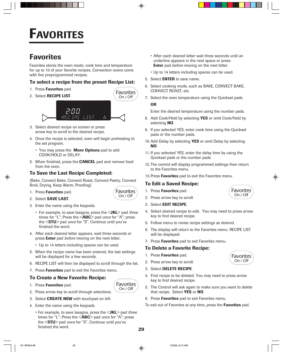 Avorites, Favorites | Jenn-Air PRO-STYLE 8113P754-60 User Manual | Page 30 / 108