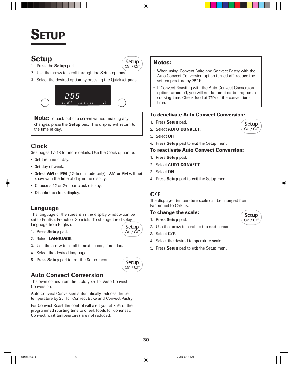 Etup, Setup, Clock | Language, Auto convect conversion | Jenn-Air PRO-STYLE 8113P754-60 User Manual | Page 31 / 108