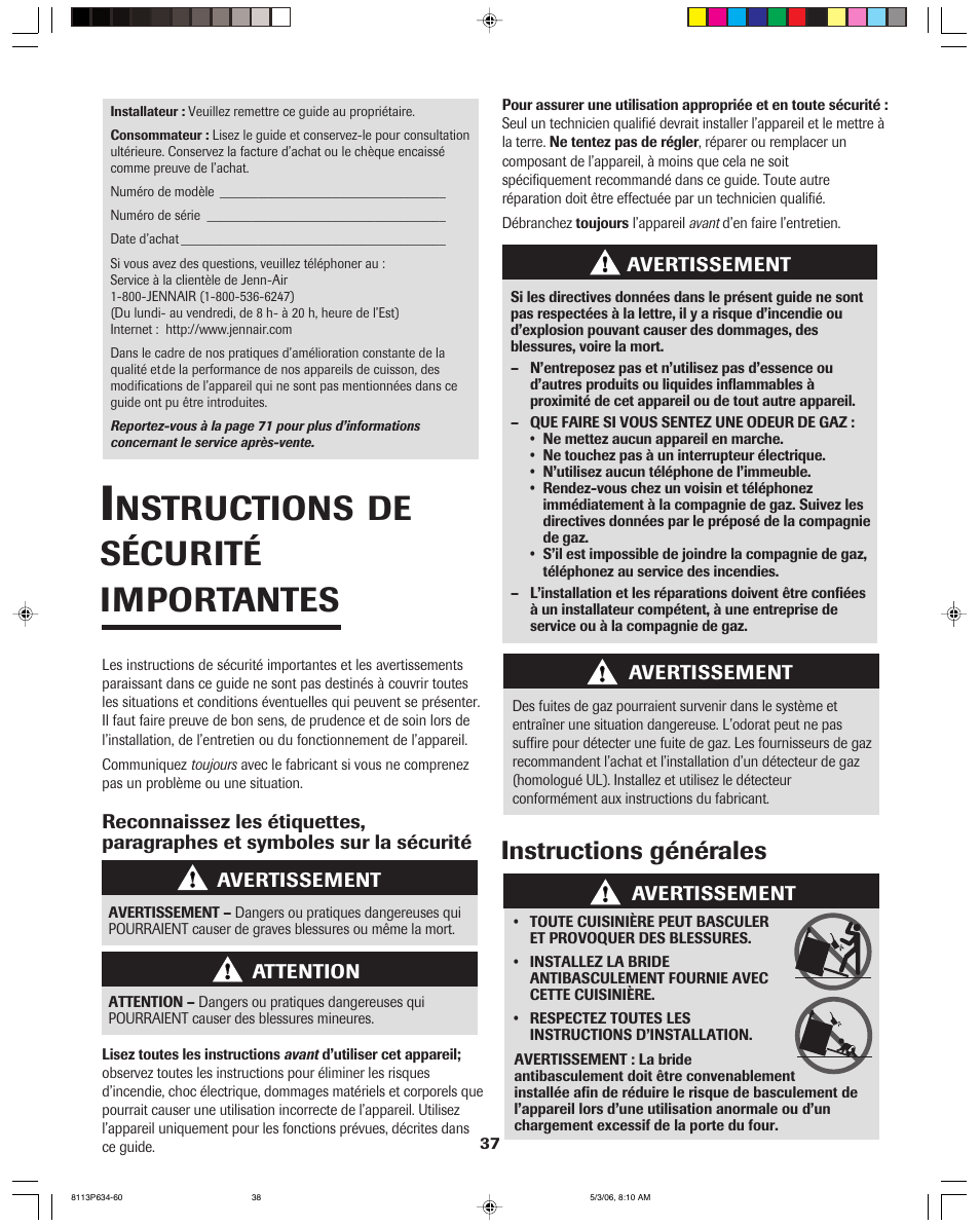 Nstructions de sécurité importantes, Instructions générales | Jenn-Air PRO-STYLE 8113P754-60 User Manual | Page 38 / 108