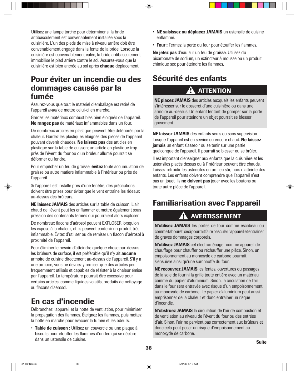 En cas d’incendie, Familiarisation avec l’appareil, Sécurité des enfants | Jenn-Air PRO-STYLE 8113P754-60 User Manual | Page 39 / 108