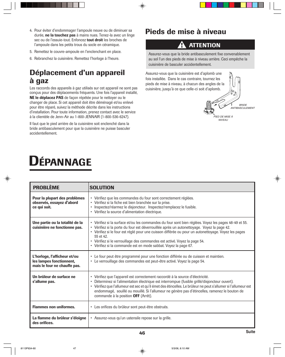 Épannage, Déplacement d’un appareil à gaz, Pieds de mise à niveau | Attention | Jenn-Air PRO-STYLE 8113P754-60 User Manual | Page 47 / 108