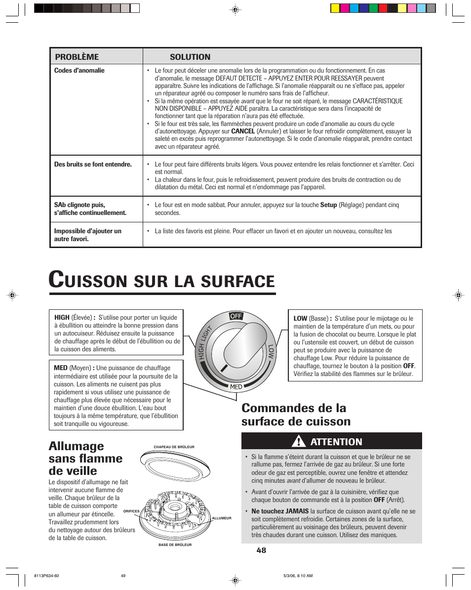 Uisson sur la surface, Allumage sans flamme de veille, Commandes de la surface de cuisson | Attention | Jenn-Air PRO-STYLE 8113P754-60 User Manual | Page 49 / 108