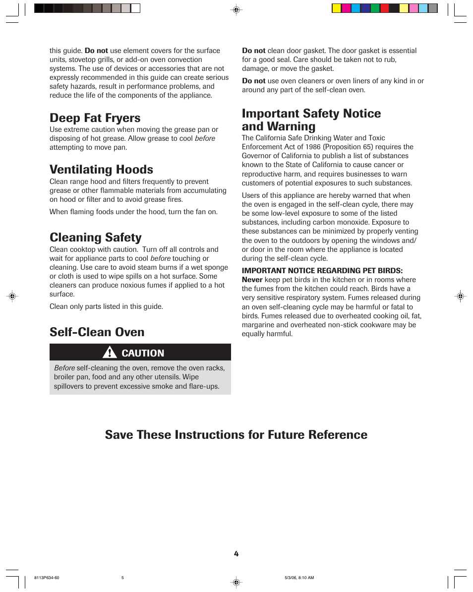 Important safety notice and warning, Save these instructions for future reference, Deep fat fryers | Ventilating hoods, Cleaning safety, Self-clean oven | Jenn-Air PRO-STYLE 8113P754-60 User Manual | Page 5 / 108