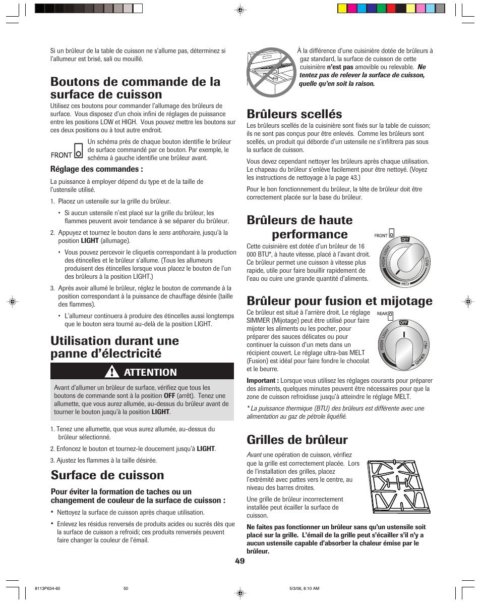 Boutons de commande de la surface de cuisson, Brûleurs scellés, Brûleurs de haute performance | Brûleur pour fusion et mijotage, Grilles de brûleur, Attention | Jenn-Air PRO-STYLE 8113P754-60 User Manual | Page 50 / 108