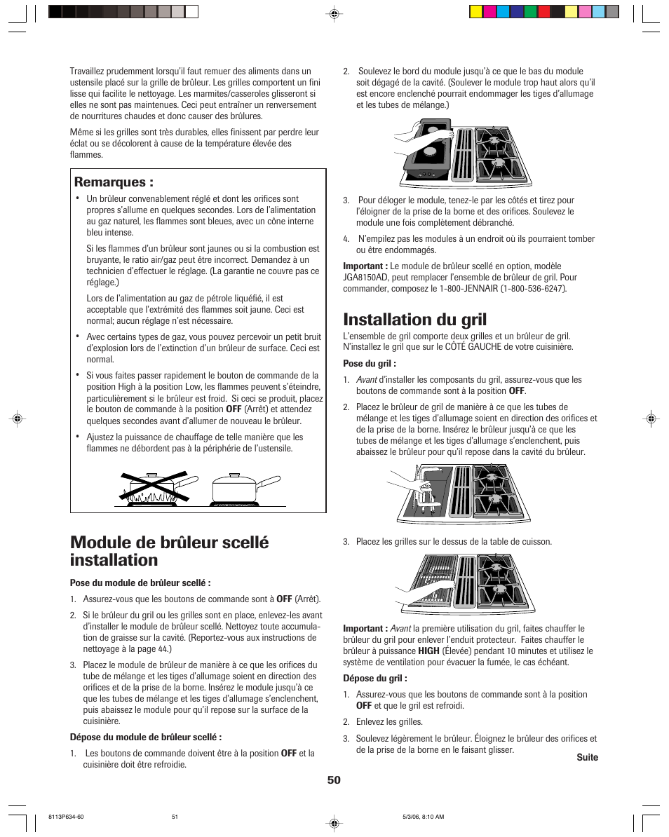 Module de brûleur scellé installation, Installation du gril, Remarques | Jenn-Air PRO-STYLE 8113P754-60 User Manual | Page 51 / 108