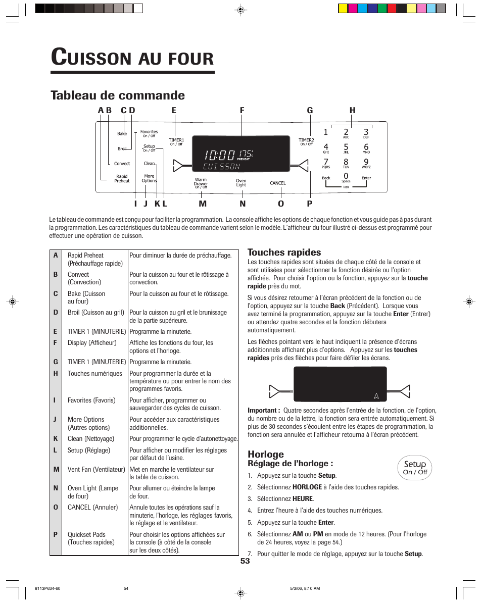 Uisson au four, Tableau de commande, Horloge | Touches rapides | Jenn-Air PRO-STYLE 8113P754-60 User Manual | Page 54 / 108
