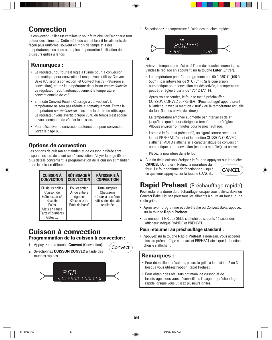 Cuisson à convection, Convection, Rapid preheat | Options de convection, Remarques, Préchauffage rapide) | Jenn-Air PRO-STYLE 8113P754-60 User Manual | Page 57 / 108