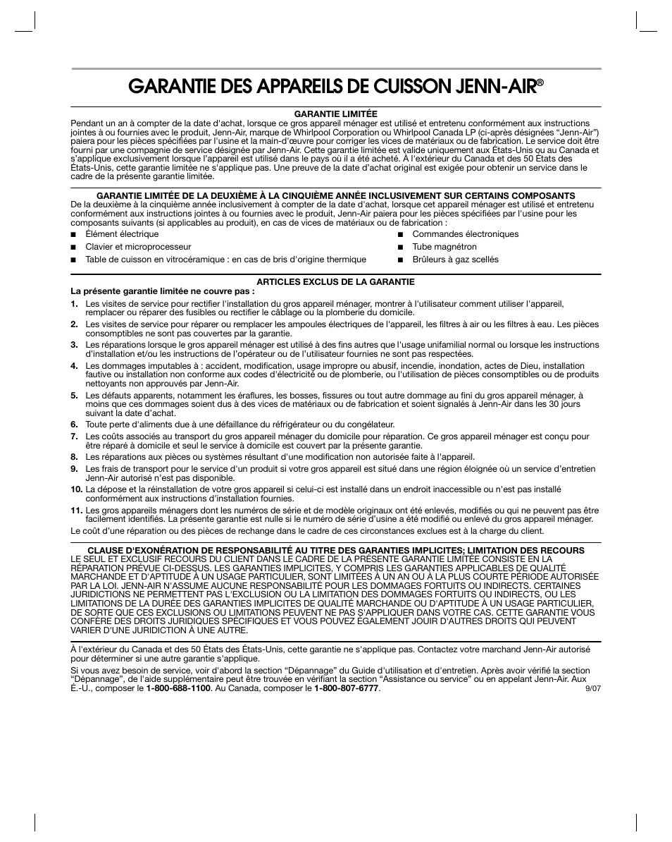 Garantie des appareils de cuisson jenn-air | Jenn-Air PRO-STYLE 8113P754-60 User Manual | Page 72 / 108