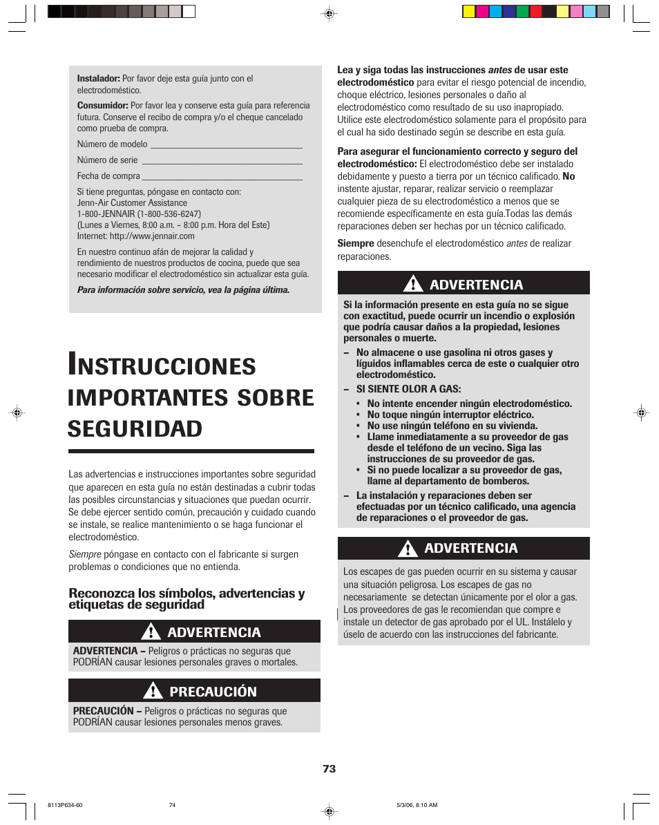 Nstrucciones importantes sobre seguridad, Instrucciones generales | Jenn-Air PRO-STYLE 8113P754-60 User Manual | Page 74 / 108