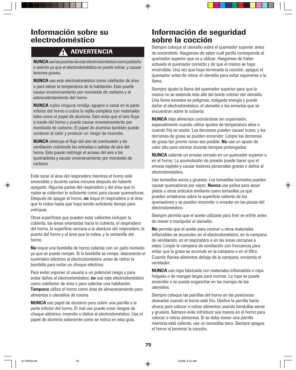 Información de seguridad sobre la cocción, Información sobre su electrodoméstico, Advertencia | Jenn-Air PRO-STYLE 8113P754-60 User Manual | Page 76 / 108