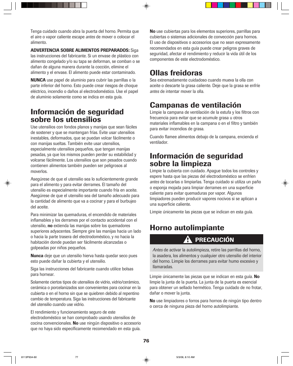 Información de seguridad sobre los utensilios, Ollas freidoras, Campanas de ventilación | Información de seguridad sobre la limpieza, Horno autolimpiante | Jenn-Air PRO-STYLE 8113P754-60 User Manual | Page 77 / 108