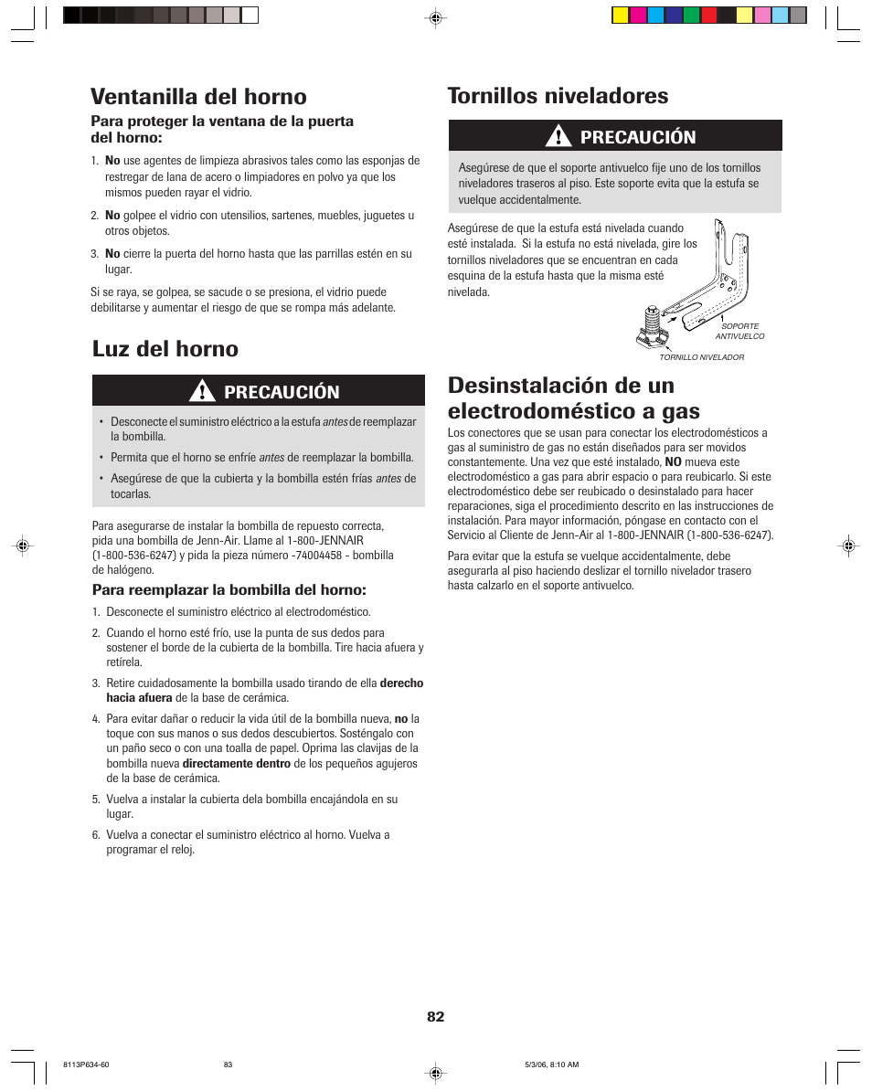 Ventanilla del horno, Luz del horno, Tornillos niveladores | Desinstalación de un electrodoméstico a gas, Precaución | Jenn-Air PRO-STYLE 8113P754-60 User Manual | Page 83 / 108