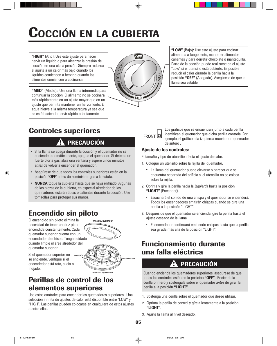 Occión en la cubierta, Controles superiores encendido sin piloto, Precaución | Jenn-Air PRO-STYLE 8113P754-60 User Manual | Page 86 / 108